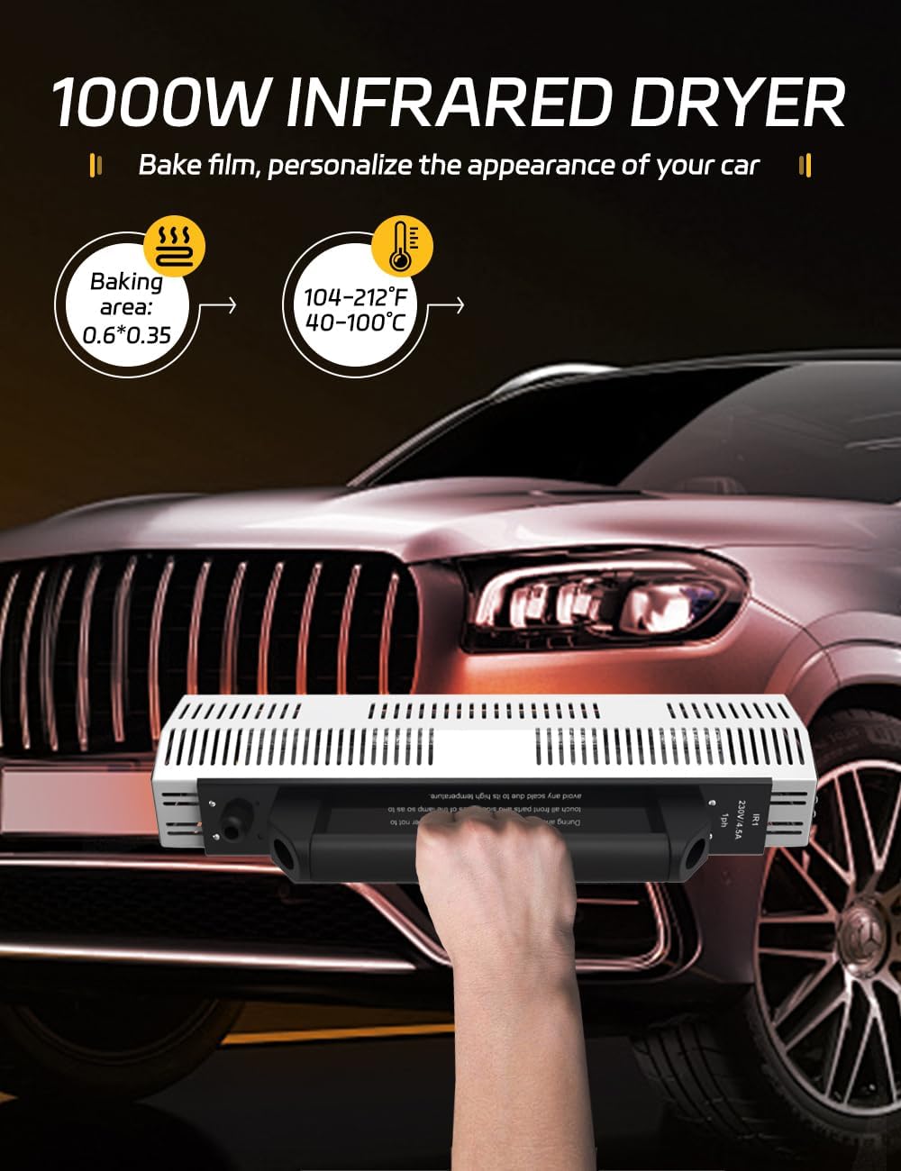 Solary Infrared Paint Curing Lamp, 1000W 110V Hand-held Short Wave Infrared Heater for Automotive Spray, Car Bodywork Repair Paint Dryer