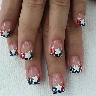 24Pcs USA Independence Day Press on Nails with Polka Dots Star Design, Short Square Fake Nails Stick on Nails 4th of July Glue on Nails French Nail Tip Five-Pointed Star Fake Nails for Women