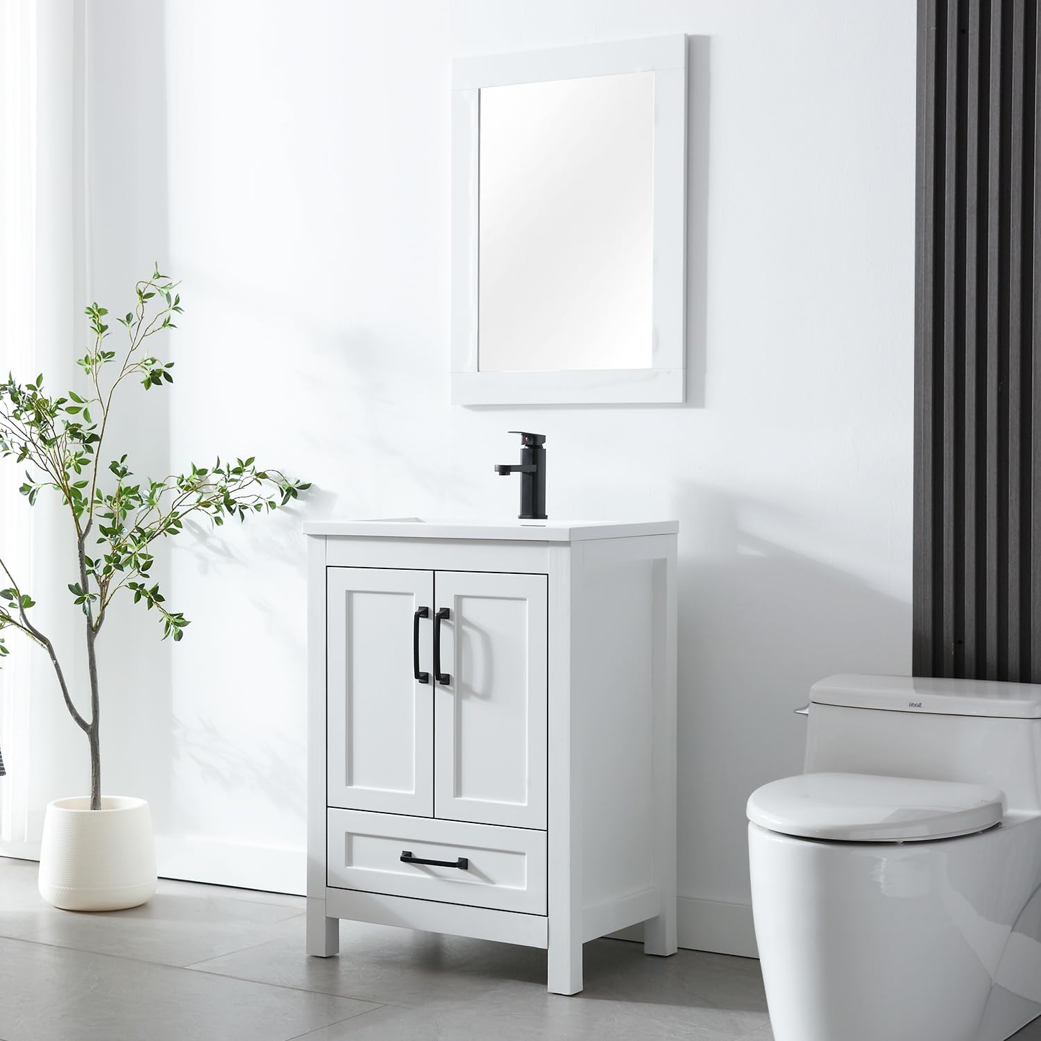 LUCKWIND 24” Bathroom Vanity with Sink, Modern Painted Bathroom Storage Cabinet with Ceramic Basin Sink Top and Faucet, Without Mirror, White