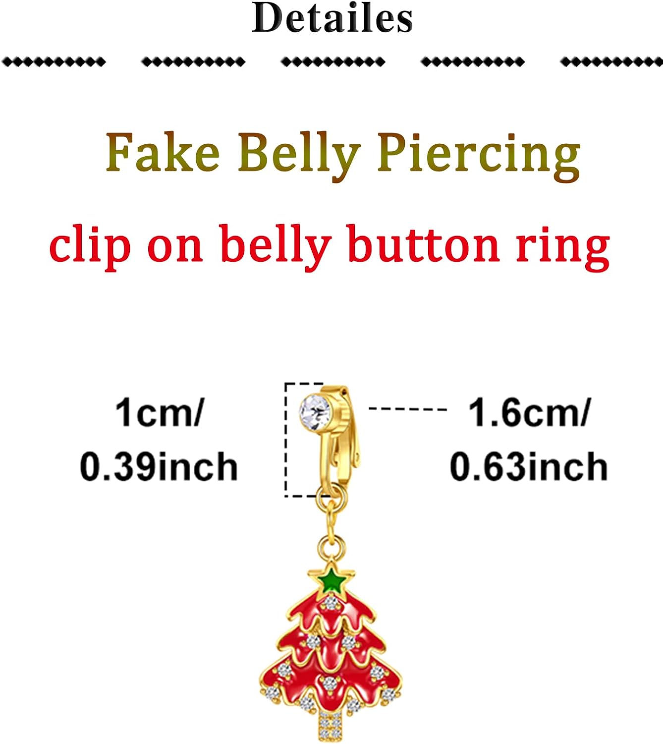 QWALIT Christmas Fake Belly Piercings Fake Belly Button Rings Clip on Faux Navel Jewelry Adjustable Cute Dainty Comfortable Red Gold non-Piercing Faux Body Jewelry for Women Christmas Day Gift