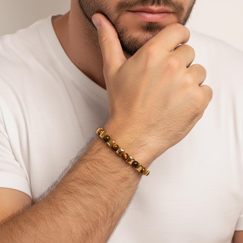 18K Gold Plated Bracelets for Men Tiger Eye Beads Stainless Steel Adjustable Braided Boho Mens Bracelet Handmade Beach Surfer Jewelry Gifts for Women Mom Dad