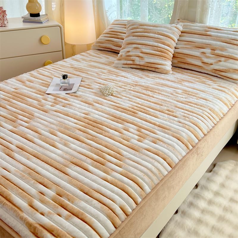 Fuzzy Faux Rabbit Fur Stripe Bed Sheet,Soft Fluffy Mattress Protector Thick Bed Cover, Milk Velvet Stripe Bedding Fitted Sheet Twin/Queen/King Size (Milk Coffee, California King（ 79"x86"/200 * 220cm)