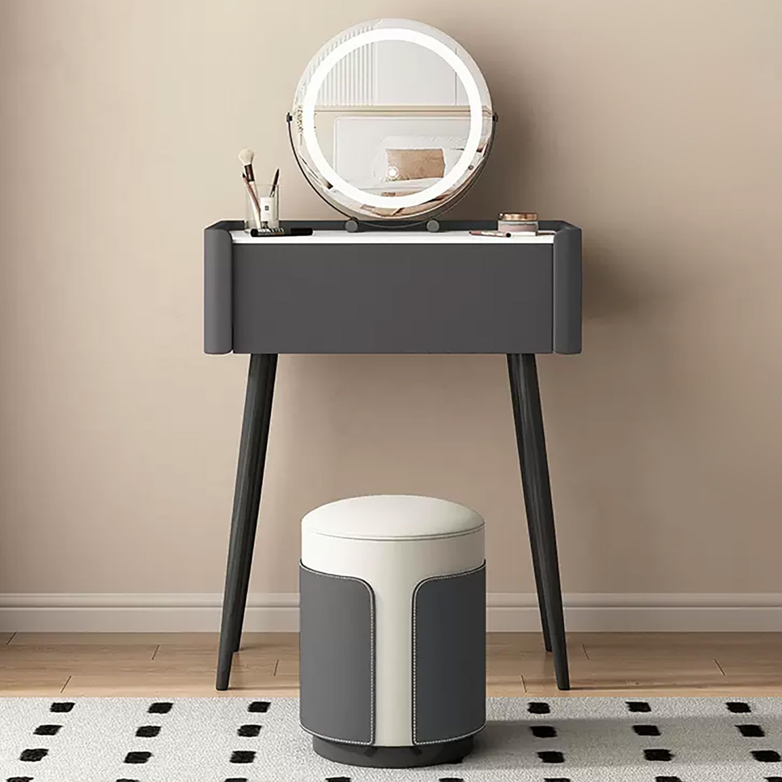 asdchZen Stylish Makeup Vanity Set With Rotatable Mirror, Narrow Dressing Table, Brown Microfiber Leather Desk & Cushioned Stool, Metal Legs-60Cm/23.6In,Dark Gray-50cm/19.6in