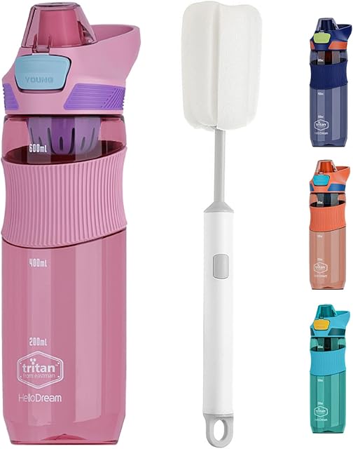 HAITENZ Sports Water Bottle Kids 650ML,Kids Water Bottles BPA Free,Leak Proof Drinks Bottle,Childrens Girls Boys Water Bottle with Filter,Long Brush,Handle,Tritan Bottle for School, Running,Gym(Pink)