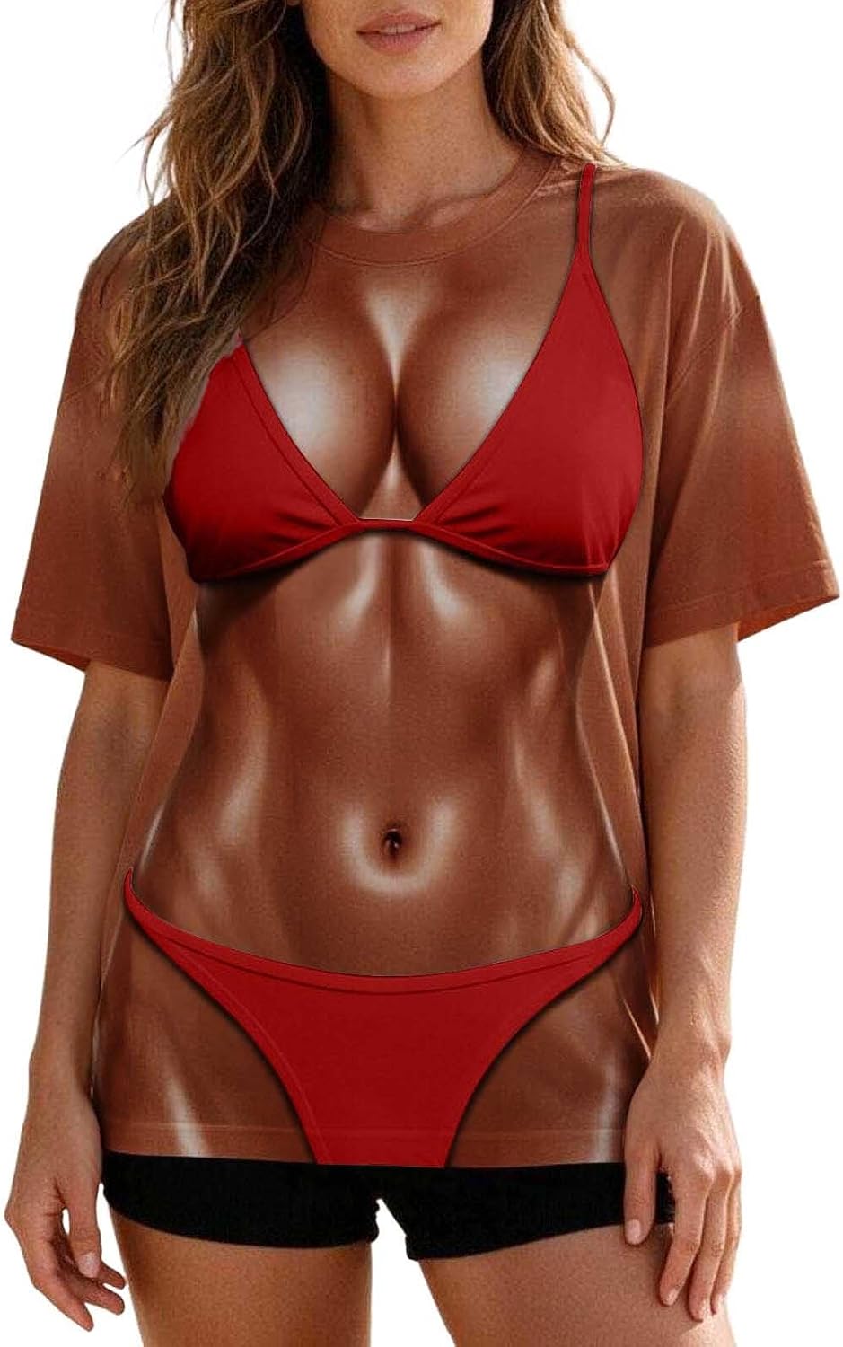 Custom Faux Bikini Shirt for Women Personalized Funny Bikini Body Illusion T-Shirt 3D Sexy Body Fake Bikini Print Gag T-Shirt