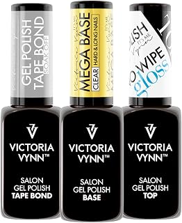 Victoria VYNN 3 Pack Set 8ml | Tape Bond, Mega Base Clear and Top Coat Gloss | Premium Salon Gel Polish Preparation Kit