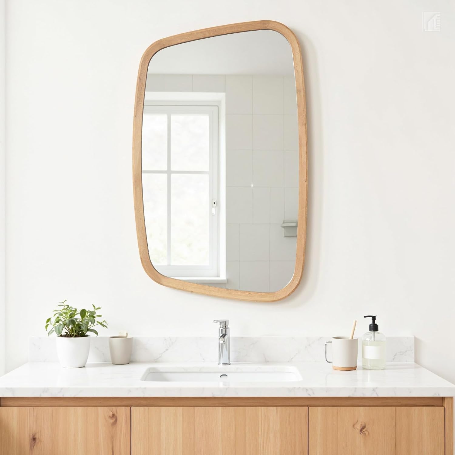20"x31" Natural Wood Wall Mirror,Farmhouse Irregular Bathroom Mirror,Rustic Wooden Frame Vanity Mirror Horizontal/Vertical Hanging for Bedroom Living Room Entryway