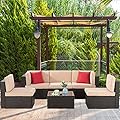 Shintenchi 6 Pieces Patio Furniture Sets Outdoor All-Weather Sectional Patio Sofa Set PE Rattan Manual Weaving Wicker Patio Conversation Set with Glass Table&Ottoman Cushion and Red Pillows, Beige