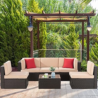 Shintenchi 6 Pieces Patio Furniture Sets Outdoor All-Weather Sectional Patio Sofa Set PE Rattan Manual Weaving Wicker Patio Conversation Set with Glass Table&Ottoman Cushion and Red Pillows, Beige