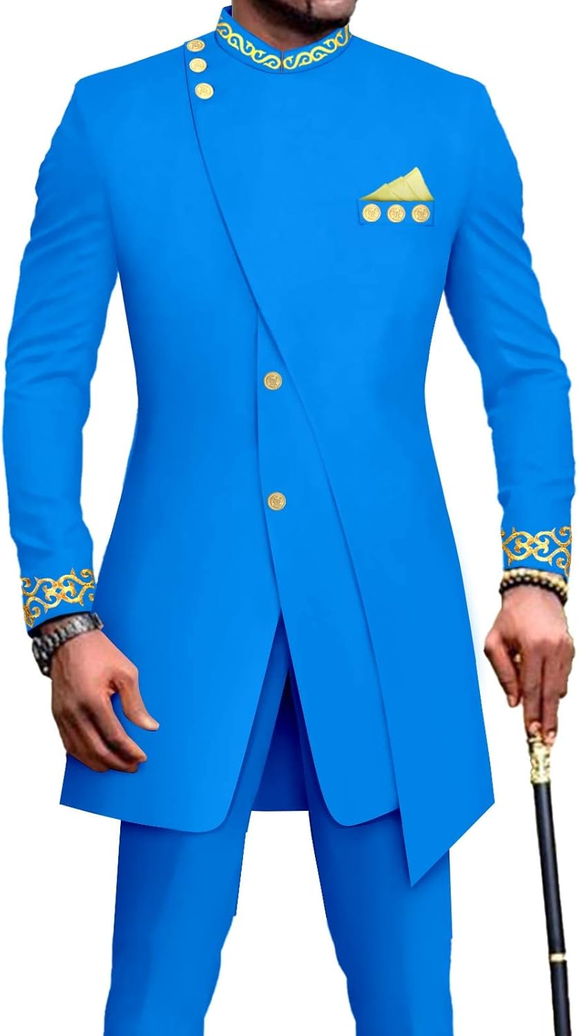 African Suits for Men Slim Fit Embroidery Blazer and Pants Set Business Dress Suit Party Wedding Evening
