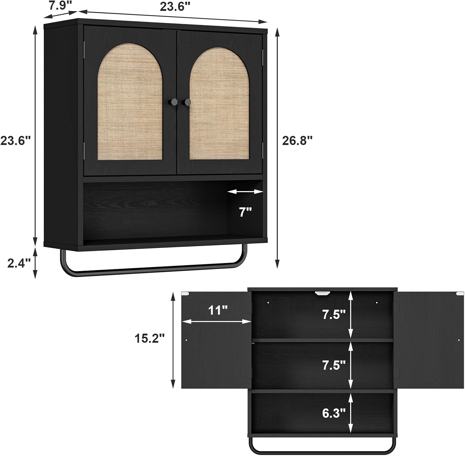 rustown rattan bathroom wall cabinet, boho medicine cabinet with 2 arched doors, farmhouse over the toilet storage cabinets with adjustable shelves & towel bar black
