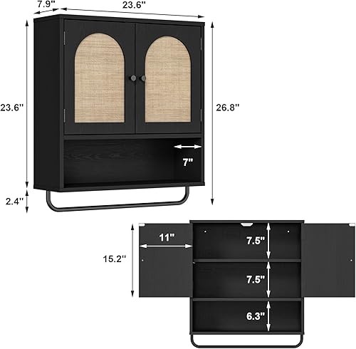 Miniatura 2 de RUSTOWN Armario de pared de baño de ratán, boho, boho, con 2 puertas arqueadas, armarios de almacenamiento sobre el inodoro con estantes ajustables