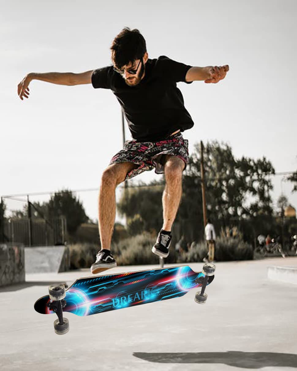 Longboard 100 cm, roulements à billes ABEC-11, 8 couches d'érable, skateboard Cruiser complet, jusqu'à 120 kg, avec outil en T et roues clignotantes en polyuréthane, pour adultes, filles, garçons, débutants.
