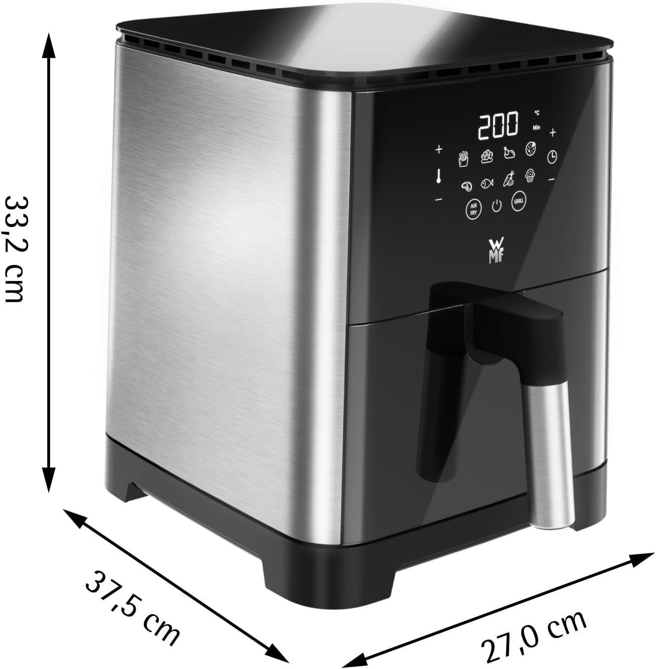Diagram showing the dimensions of the WMF Multi Taste Airfryer: 37.5 cm depth, 27.0 cm width, and 33.2 cm height.