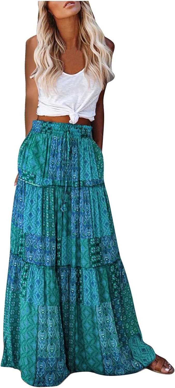 Oplxuo Women's Boho Maxi Skirt Paisley Print Summer Beach Long Skirts Tiered A-line Swing High Waist Flare Flowy Skirt