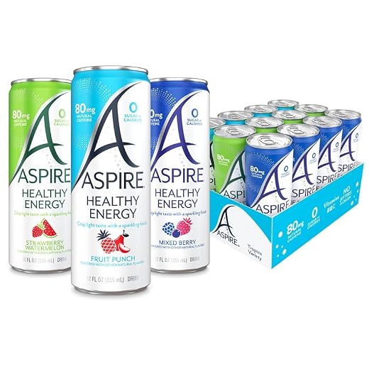 Aspire Healthy Energy Drinks, Tropics Variety Pack, Sugar Free, Sparkling Energy Drink, with 80mg Natural Caffeine Beverage, Essential Vitamins, Keto Drink, Vegan, Kosher, Gluten-Free, 12oz can (12 Pack)