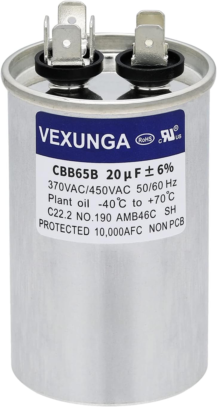 VEXUNGA 20uF 20 MFD 370VAC 440VAC 450VAC 50/60Hz CBB65 C65R Run Start Capacitor for AC Unit Fan Motor Start or Pool Pump or Air Condenser Straight Cool