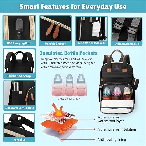 Vista 3 de Mochila para pañales Buddy Bear con cambiador, impermeable, bolsa de pañales para bebés con puerto USB, mochila para bebé de gran capacidad y Negro