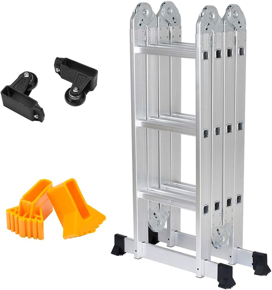 Finether 15.4ft Telescoping Ladder Multi Purpose Aluminum Extension Ladder, Folding Ladder 330lb Capacity with Safety Locking Hinges (New Non-Slip Mat and Wheels for Free)