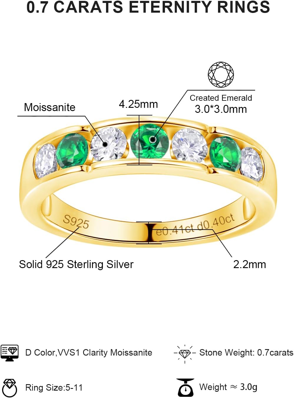 Color-D VVS1 Clarity Moissanite and Emerald/Ruby/Sapphire Rings, Silver/Gold Solid 925 Sterling Silver Bands, Stackable Engagement Wedding Anniversary Birthday Jewelry with Gift Box, Size 5-11