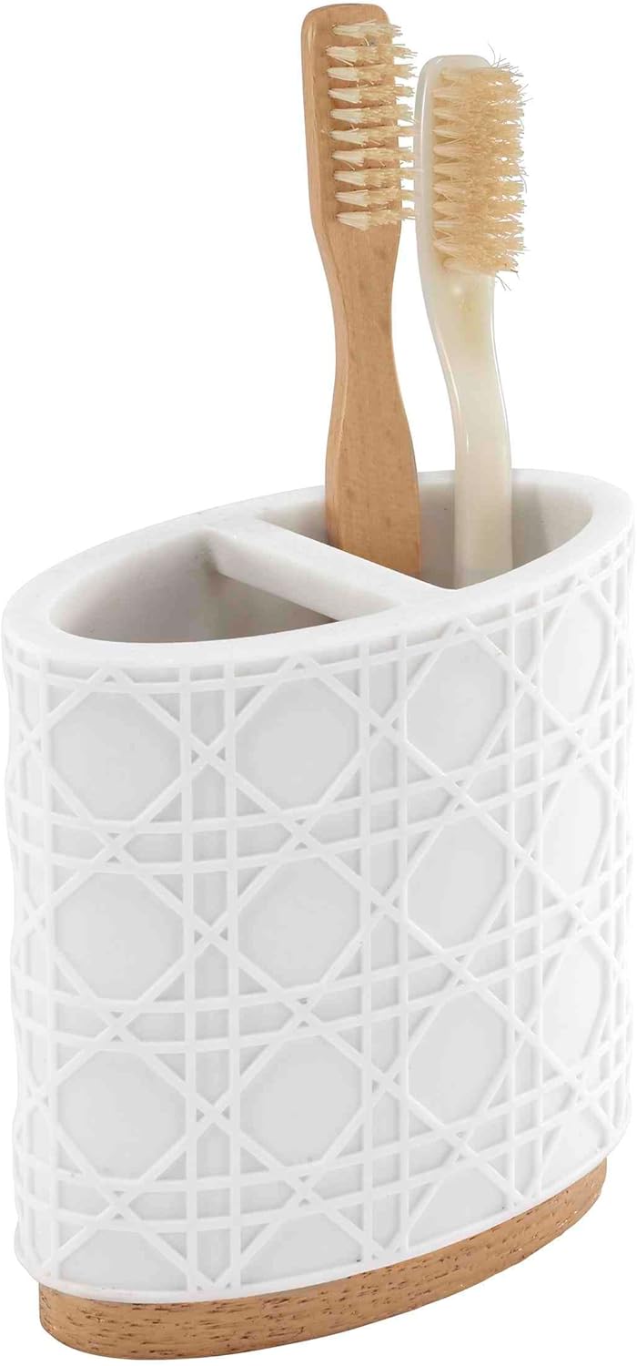 Nicole Miller - Accessory Set, 2-Piece Resin Lotion Pump & Toothbrush with Faux-Wood Base Design, Modern Home Decor (Lena Collection, White)