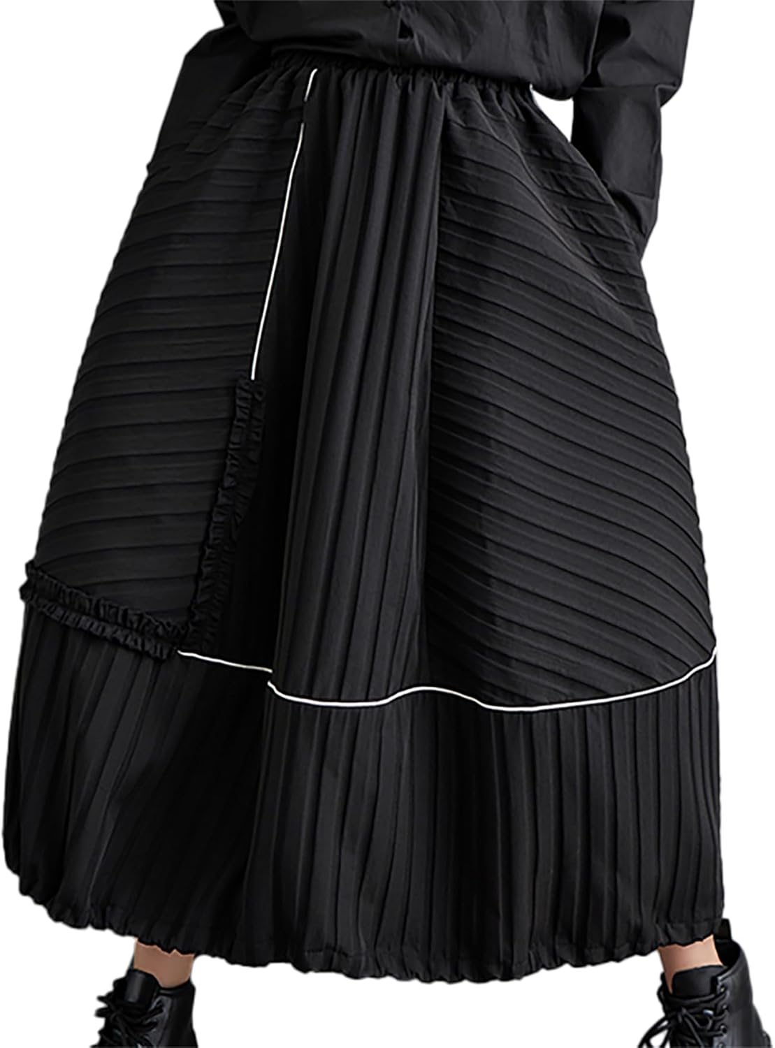 ellazhu Women's Skirt Loose Oversize Pleated Maxi Hem High Elastic Waist Printed Side Pockets GZ668 A