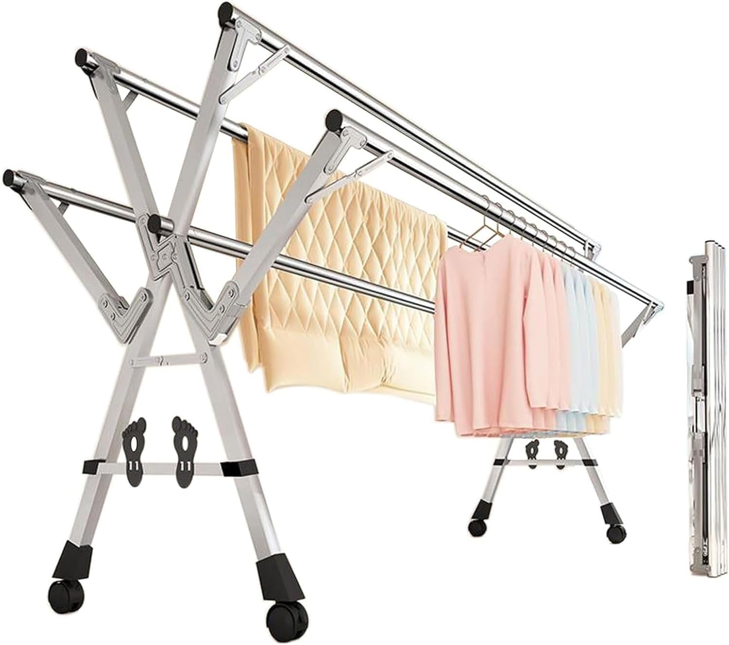 Foldable Space-Saving Clothes Rack Floor-Standing Clothes Rack Tripod Portable Rotating Clothes Rack，Heavy Duty Stainless Steel Clothes Drying Rack - 5-Rod Retractable & Foldable Laundry Dry