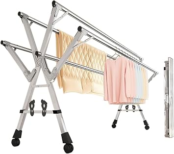 Clothes Drying Rack - 5-Rod Heavy Duty Stainless Steel Retractable & Foldable Laundry Dryer, Portable Outdoor Indoor Drying Rack for Clothes with Wall Mount63ft