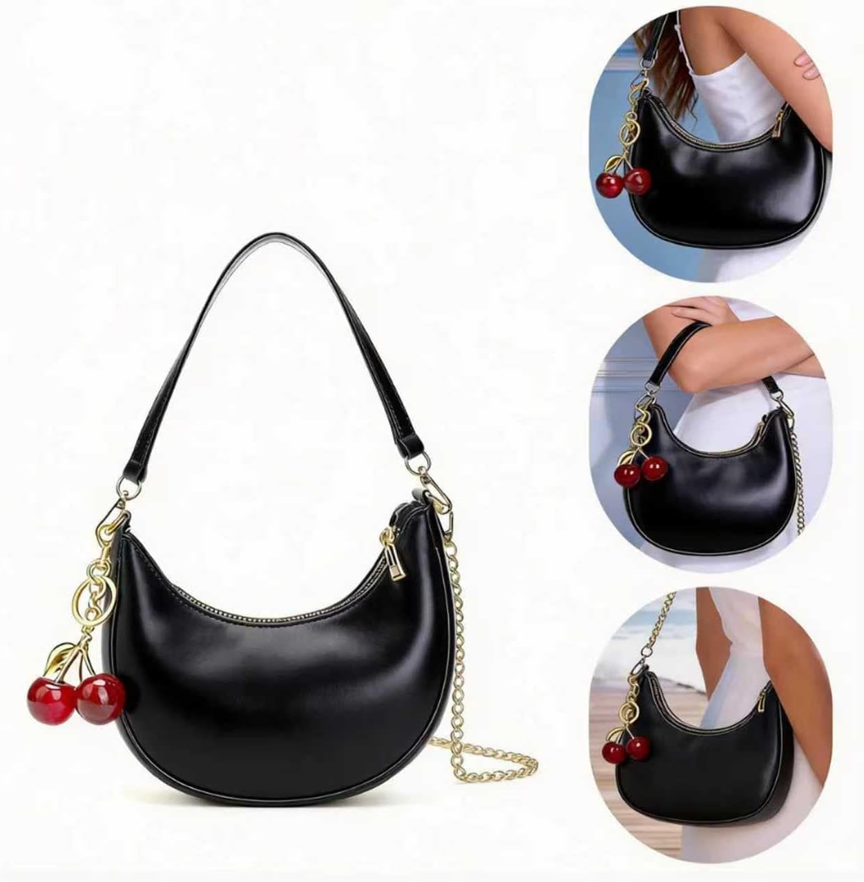 Shoulder Bag for Women Cute Hobo Cherry Purse Retro Clutch Underarm Handbag with Removable Straps - Image 2