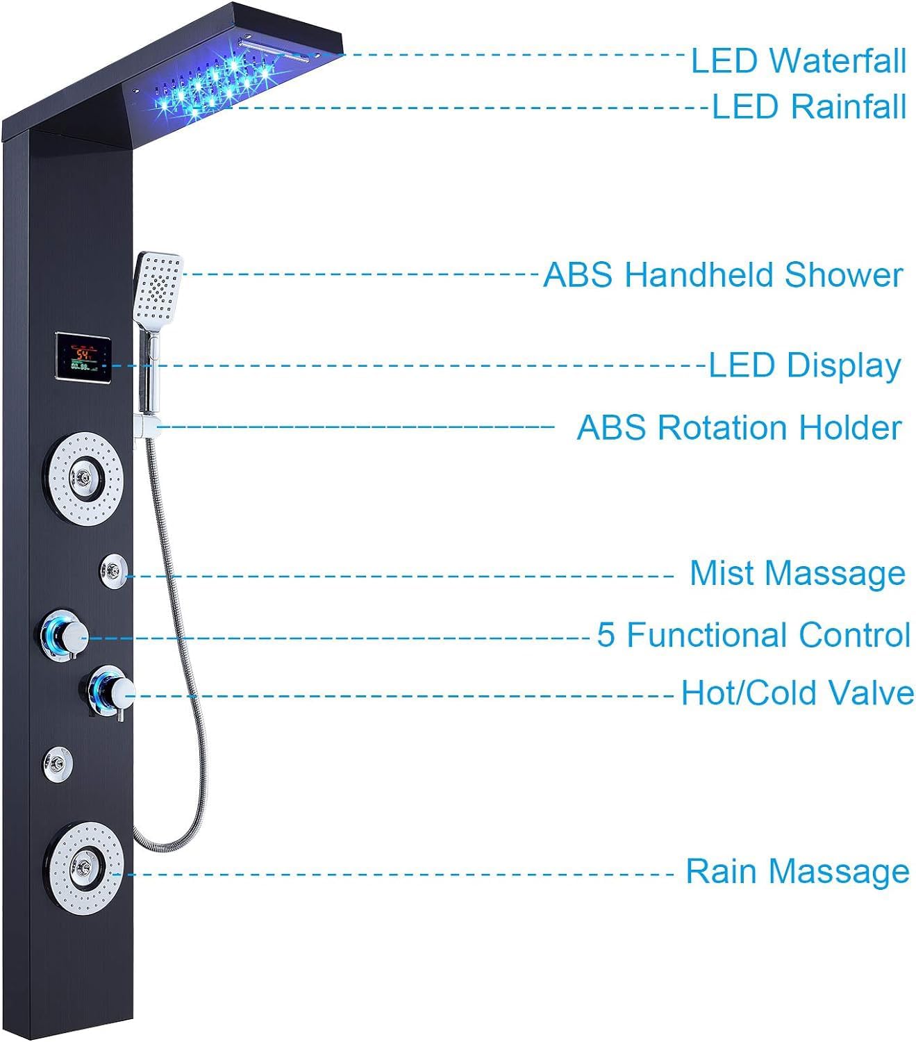 ELLO&ALLO LED Rainfall Waterfall Shower Head Rain Massage System with Body Jets Stainless Steel Bathroom Shower Panel Tower System, Brushed Black
