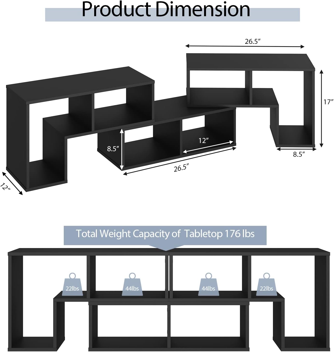 Diagram illustrating the dimensions of the L-shaped and rectangular shelves, and the total weight capacity of the tabletop (176 lbs) and individual open shelves (44 lbs for rectangular, 22 lbs for L-shaped).