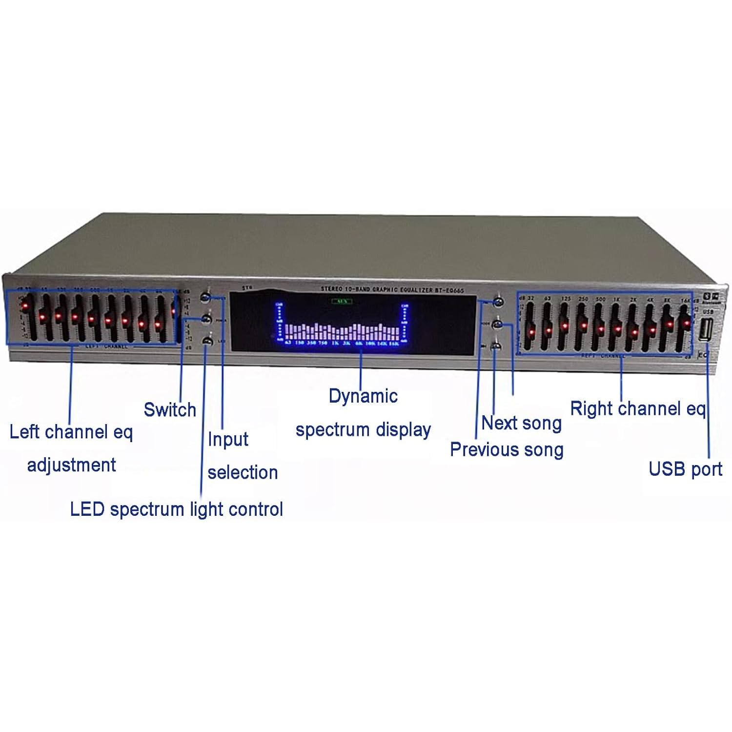 Ecualizador de audio digital de 20 bandas con control remoto, conectividad Bluetooth/USB, pantalla de espectro LED para grabación de estudio y mejora de sonido en vivo