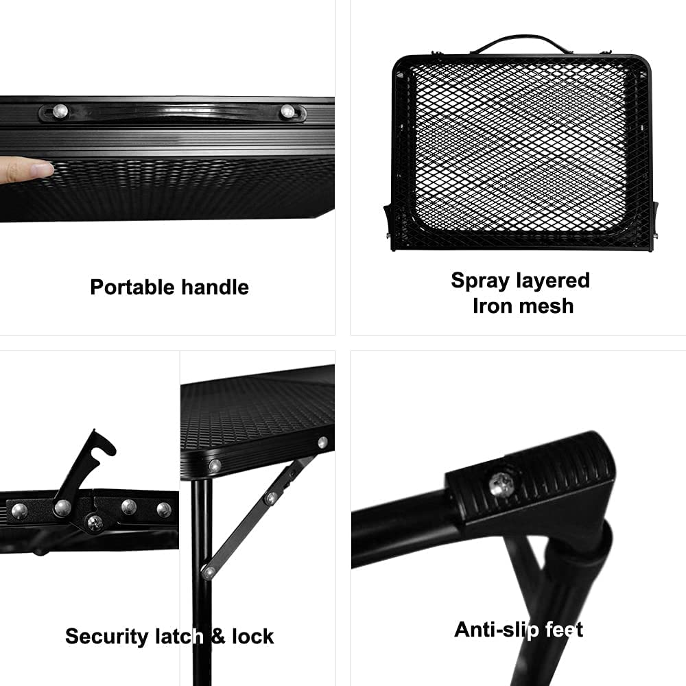 Tavolo pieghevole da campeggio, portatile, piccolo tavolo pieghevole con piano in rete resistente al calore, regolabile in altezza, barbecue, giardino