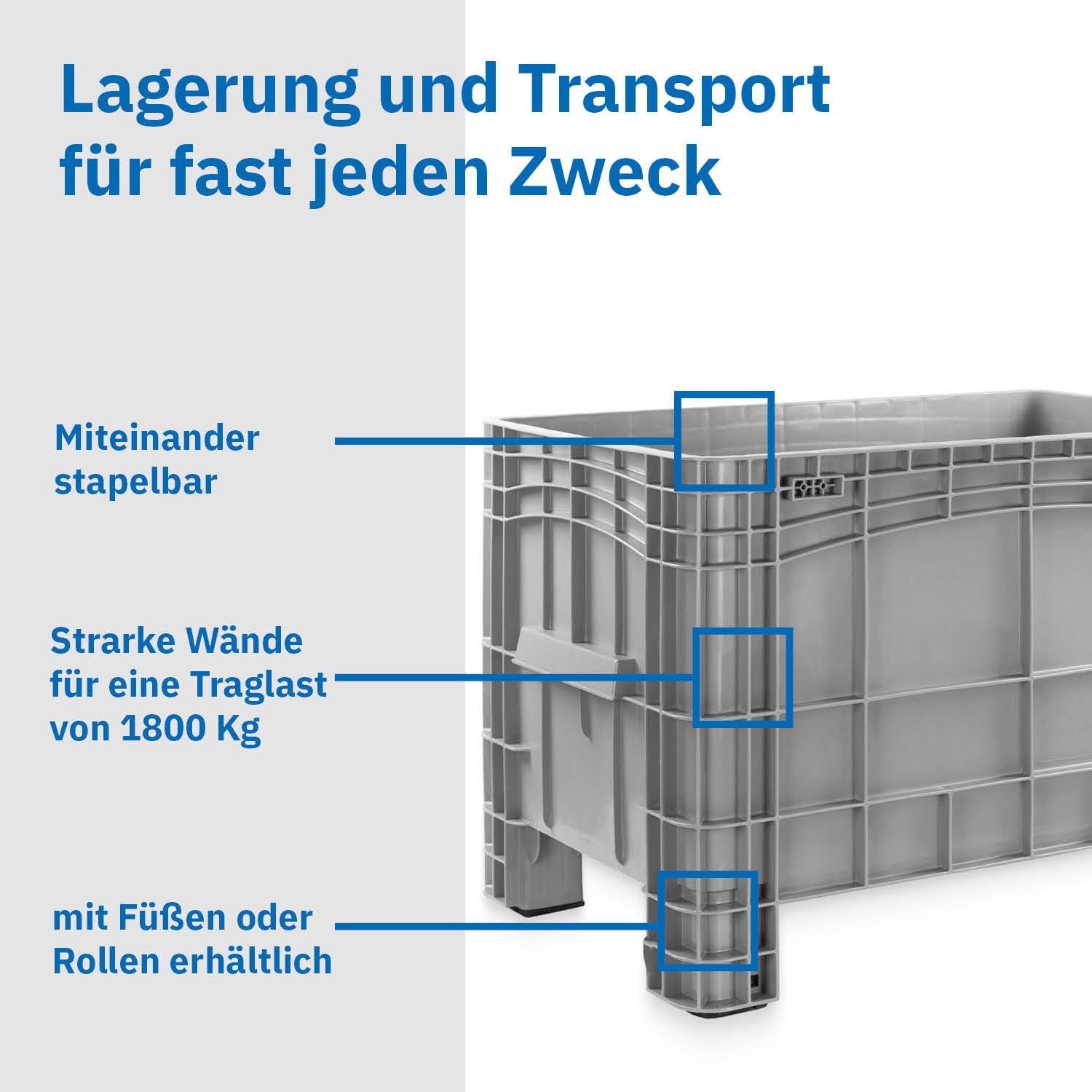 Großbehälter mit 4 Rollen und 285 Liter Volumen 104x64x79 cm | Transportwagen | Großer Behälter als Umzugsbehälter, Transportbox, Lagerbehälter (Grau, Ida XL Rollen)