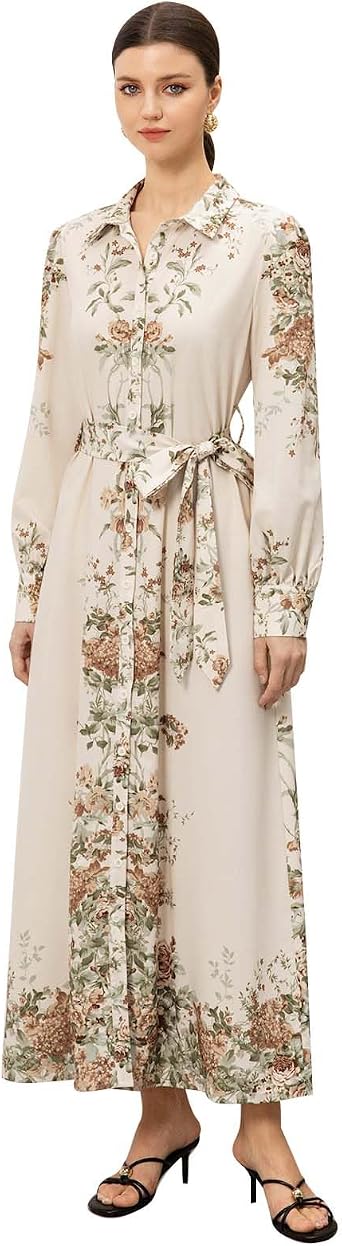 CHICWISH Women Floral Print Long Sleeve Button Down Belted Maxi Shirt Dress