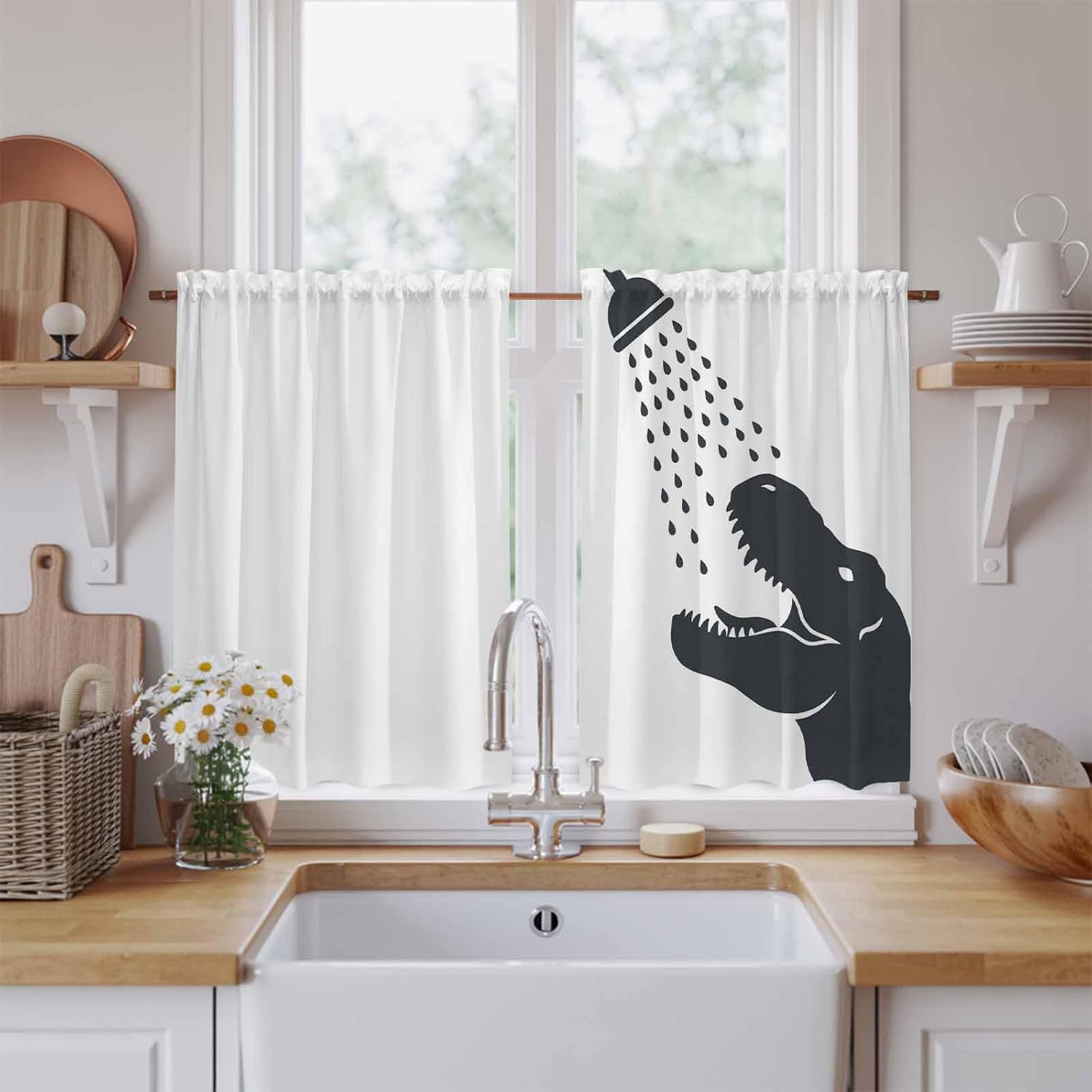 Dinosaurs Showering Kitchen Curtains 45 Inch Long 2 Panel Set, Rod Pocket Window Treatment, Modern Abstract Art Funny Animals Light Filtering Panels Short Drapes for Bathroom Camper 42"W x 45"L