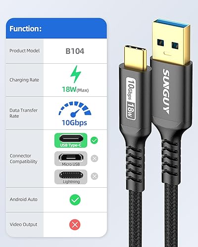 Miniatura 2 de SUNGUY Cable USB C Android Auto, cable USB C de 5 pies trenzado de carga rápida 3A y transferencia de datos de 10 Gbps, cable USB C CarPlay,