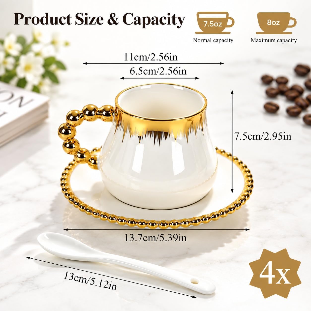 Ceramic Cappuccino Cups with Saucers & Spoons, Coffee Cups Set of 4