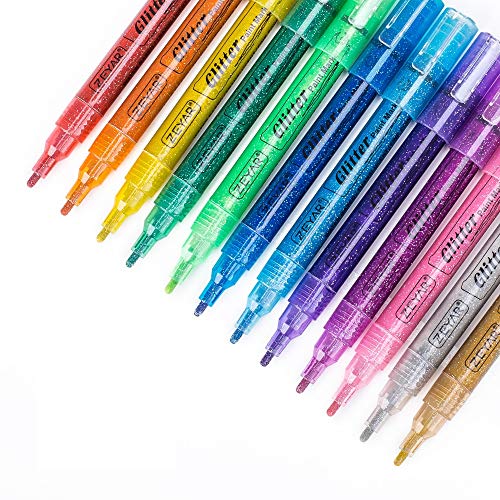 ZEYAR Glitter Paint Marker Pens, Water Based, Fine Point, Set of 12, Multiple Colors, Great for Gift Card, Poster, Album, Christmas Card and more