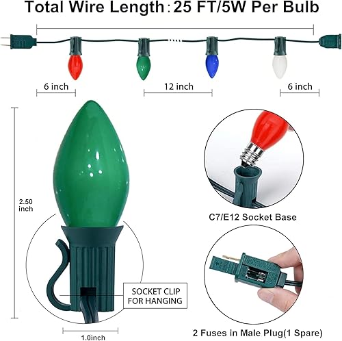 Miniatura 40 de C7 Luces de Navidad rojas y verdes de 25 pies para decoración de Navidad al aire libre con 27 bombillas de cerámica rojas y verdes, luces de Navidad