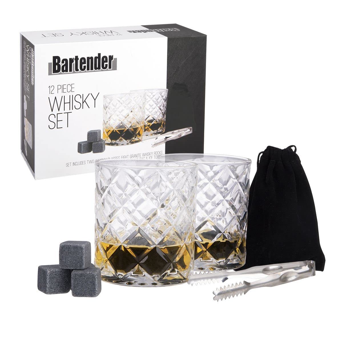 Bartender, set da 12 pezzi per whisky, bicchieri da whisky, pinze e pietre