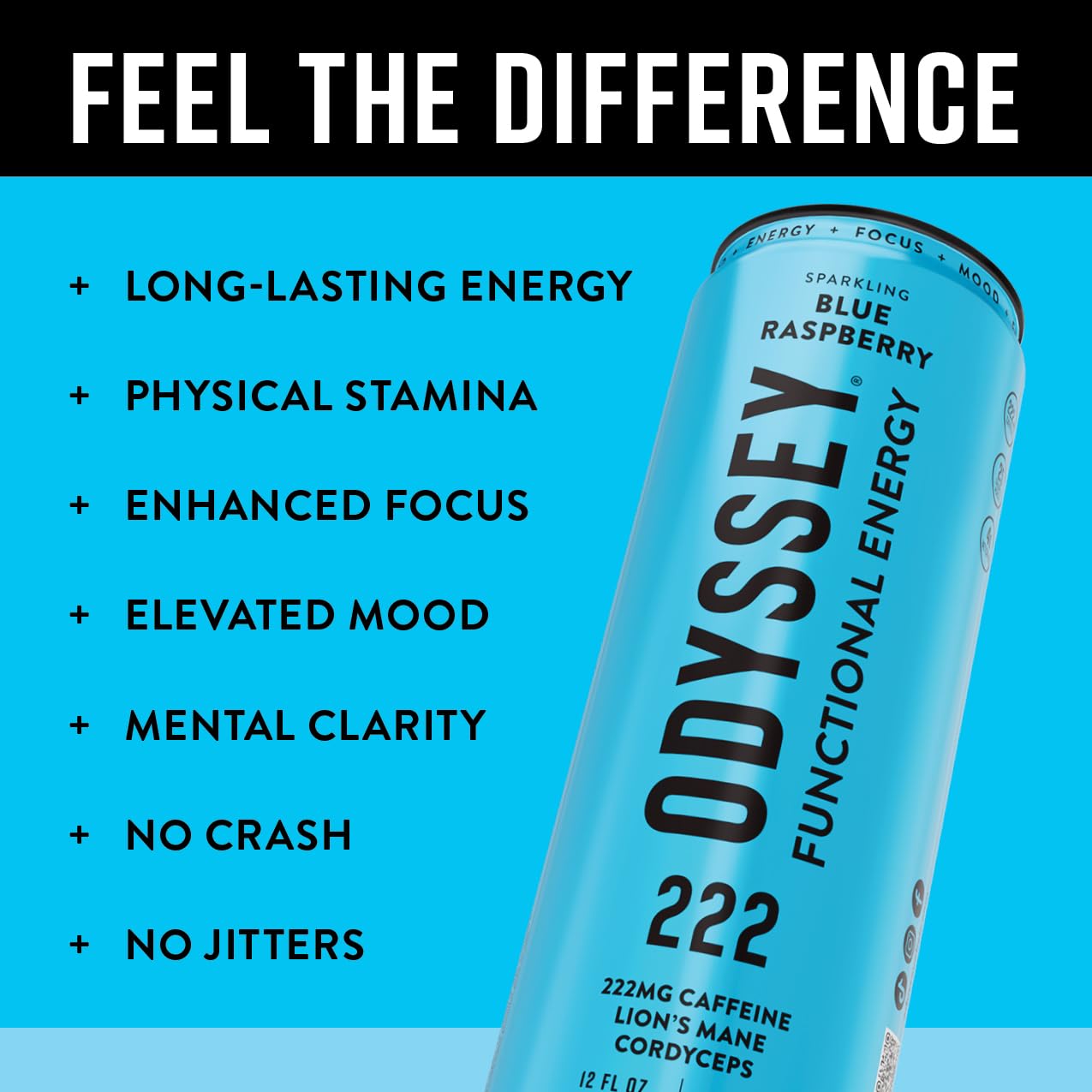 Odyssey Functional Energy Drink for Focus, Cognition & Mood Support 12 Pack - Adaptopgenic Drink with 222mg Green Tea Caffeine, Lion’s Mane, Cordyceps, L-Theanine & Ginseng - Sparkling Blue Raspberry