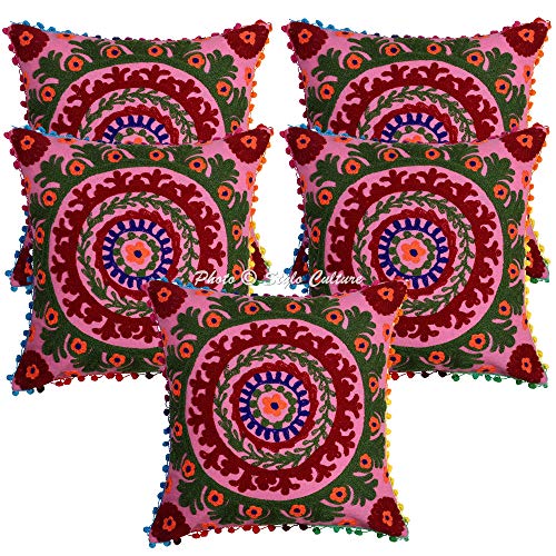 Stylo Culture Indio Fundas Almohadones Decorativa 40x40 cm Algodón Floral Fundas De Cojines Silla Rosa 16x16 Inch Pompón Bordado Suzani Cuadrado Cremallera Fundas para Almohadas De Cama - 5 Pcs