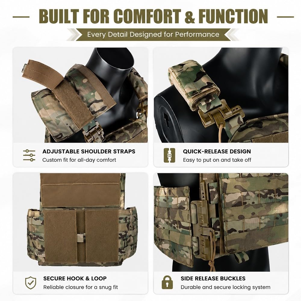 Chaleco MOLLE Ligero Ajustable,Chaleco Modular Bolsillos Desmontables Cierre Liberación Rápida Transpirable Airsoft Paintball Senderismo Actividades Aire Libre Cosplay