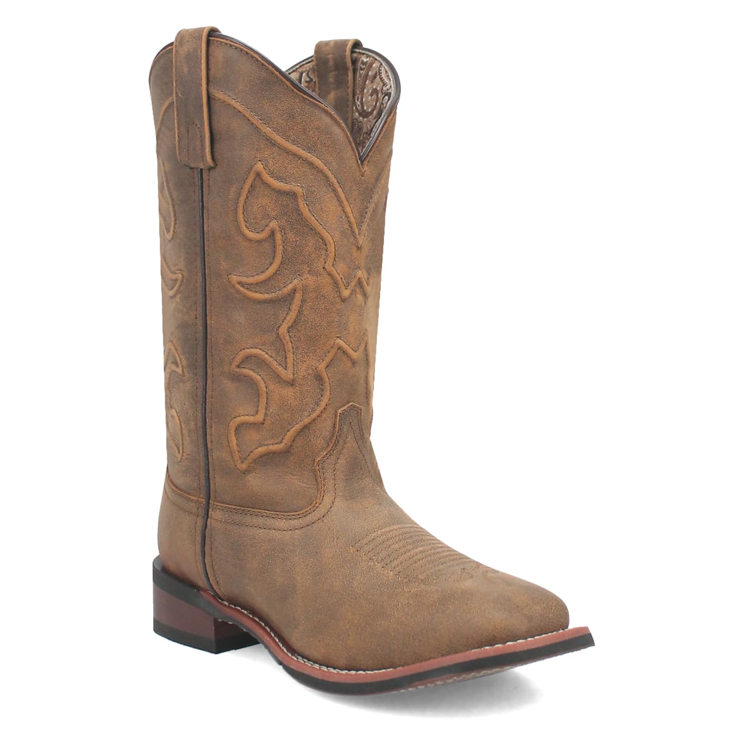 Womens Megan Embroidered Square Toe Pull On Casual Boots Mid Calf Low Heel 1-2" - Brown