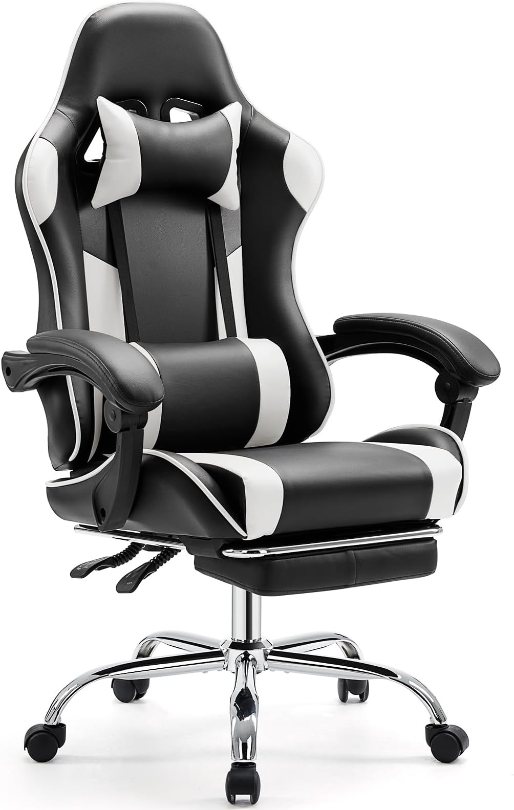 Elevon Ergonomic Video Game Computer Chairs with Footrest & Comfortable Lumbar Support,Height Adjustable Reclining Chair in PU Leather with Headrest and Fixed Armrests, 360° Swivel, Black&White