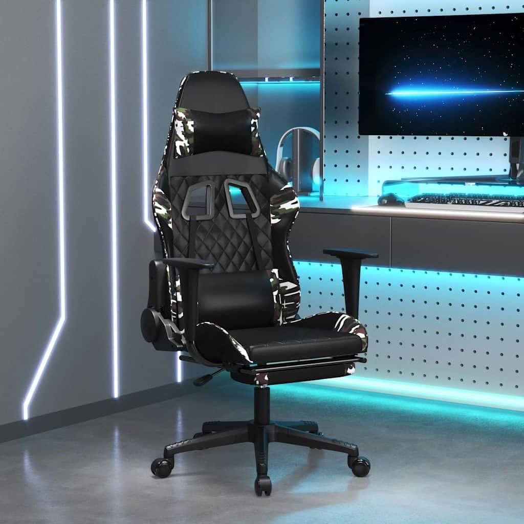 Ergonomic Gaming Chair with Massage Function, Adjustable Height & Footrest, Black Camouflage Design for Adults, Office & Computer Sessions 23.6 x 25.2 x 50.0 in Black - Image 1 of 9