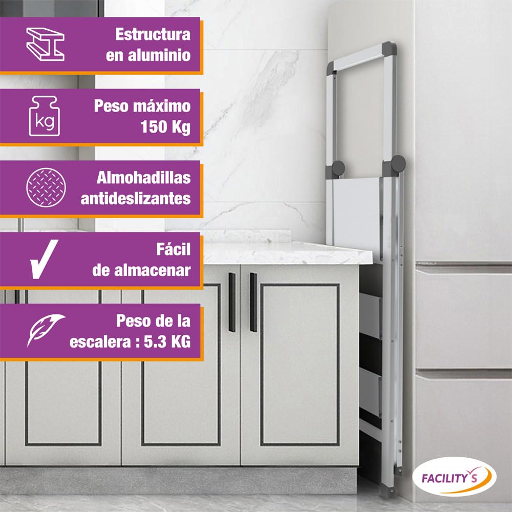 FACILITYS - Escalera de 3 Peldaños, Plegable de Aluminio, Ultra Compacta 5,5 cm - Taburete Plegable, Ligero 5,3 kg y Robusto, Carga 150 kg - Plataforma Antideslizante, 3ª Altura a 70 cm