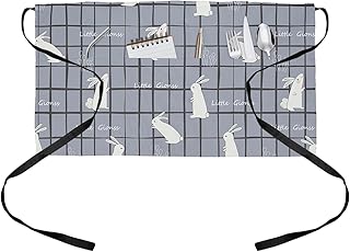 OComster White Rabbit Waist Server Aprons, Hand Draw Flower Letter Black Line Blue Plaid Waiter Waitress Apron with Pockets