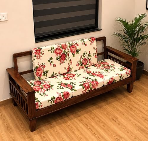 ohello® Stretchable/Spandex Printed Sofa Slip Cover, Pack of 5 Sofa seat Covers can use for livingroom, Couch, Wooden Sofas & Offices (Cream & Red, SSC_906)